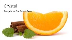  Presentation with orange fruit - PPT theme featuring orange fruit segment cinnamon sticks and mint isolated on white background hot drinks ingredients background and a white colored foreground