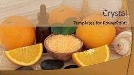  Presentation with aromatherapy oil - PPT layouts having orange fruit with spa accessories of white towels stones sea salt aromatherapy essential oil bottle sponge and sea shells over bamboo background background and a coral colored foreground