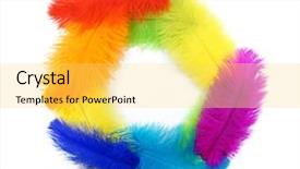  Presentation with colorful birthday or carnival frame - Beautiful slide set featuring orange gold green blue - multicolored feathers on white background backdrop and a yellow colored foreground