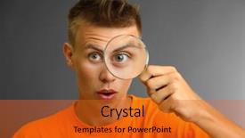  Presentation with looking glass - Slides having orange gray - young man looking through magnifying background and a gold colored foreground