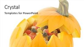  Presentation with halloween candy - Cool new slides with orange halloween pumpkin cut open and filled with candy on a white background backdrop and a white colored foreground