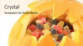  Presentation with halloween candy - Theme enhanced with orange halloween pumpkin cut open and filled with candy on a white background background and a yellow colored foreground