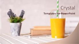  Presentation with orange plant - Beautiful PPT layouts featuring orange juice in fast food closed cup with tube on wooden table with plant and light wall background backdrop and a lemonade colored foreground