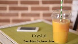  Presentation with fast food - Beautiful slide deck featuring orange juice in fast food closed cup with tube and mobile phone on wooden table and brick wall background backdrop and a gold colored foreground