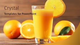  Presentation with orange juice - Beautiful slide deck featuring orange juice on table on wooden background backdrop and a coral colored foreground
