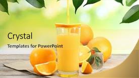  Presentation with orange juice - Presentation theme featuring orange juice on wooden table background and a yellow colored foreground