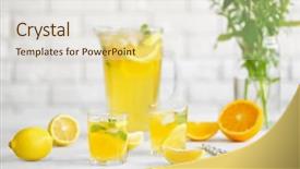  Presentation with fresh fruits and leafty greens - Slide deck consisting of orange lemon slice water - lemonade and fresh fruits background and a lemonade colored foreground