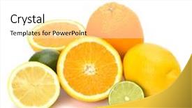  Presentation with fresh fruits salad on white - Audience pleasing presentation theme consisting of orange lime green - citrus fruits isolated on white backdrop and a white colored foreground