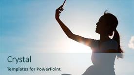  Presentation with selfie - Audience pleasing slide set consisting of orange navy - silhouette of woman taking selfie backdrop and a light blue colored foreground