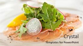  Presentation with cheese plate parmesan cheddar gouda - PPT theme enhanced with orange rockets - appetizer - salmon carpaccio background and a coral colored foreground