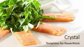  Presentation with salmon - Colorful PPT theme enhanced with orange rockets - fresh salmon carpaccio with rocket backdrop and a coral colored foreground