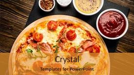  Presentation with pizza - Colorful theme enhanced with orange rockets - pizza with ham and vegetables backdrop and a gold colored foreground