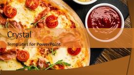  Presentation with leafy vegetables farm to table - Cool new PPT theme with orange rockets - pizza with ham and vegetables backdrop and a gold colored foreground