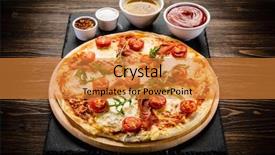  Presentation with pizza - Amazing theme having orange rockets - pizza with ham and vegetables backdrop and a gold colored foreground