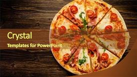  Presentation with pizza - Cool new PPT theme with orange rockets - pizza with ham and vegetables backdrop and a tawny brown colored foreground