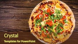  Presentation with farm to table leafy vegetables - Presentation design featuring orange rockets - pizza with ham and vegetables background and a tawny brown colored foreground