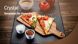  Presentation with pizza - Beautiful presentation theme featuring orange rockets - slices of pizza with ham backdrop and a coral colored foreground