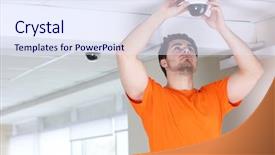  Presentation with cctv - PPT layouts consisting of orange security - professional cctv technician working background and a sky blue colored foreground