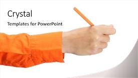  Presentation with hand holding pencil - Slide deck having orange sleeve holding a pencil background and a white colored foreground