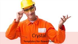  Presentation with technical - Audience pleasing presentation theme consisting of orange technical - construction worker wearing hard hat backdrop and a red colored foreground