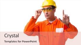  Presentation with hard work pencil - Slides having orange technical - construction worker wearing hard hat background and a coral colored foreground