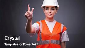  Presentation with safety construction worker in construction - Theme featuring orange technical - cute construction worker pressing virtual background and a dark gray colored foreground