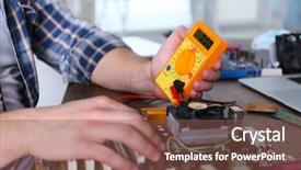  Presentation with technical service - PPT theme having orange technical - male hands checking electronic hardware background and a tawny brown colored foreground