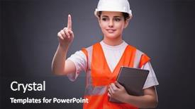  Presentation with construction worker harassment workplace - Theme consisting of orange technical - young construction worker with tablet background and a  colored foreground