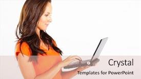  Presentation with cyber stalking computer laptop suffering - Presentation theme enhanced with orange technology - casual woman using laptop computer background and a lemonade colored foreground