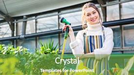  Presentation with young business woman smile show - Colorful slide set enhanced with orangery and holding garden hose backdrop and a tawny brown colored foreground