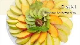  Presentation with white plate - Slide set featuring oranges apples - assortment of sliced fruits background and a yellow colored foreground
