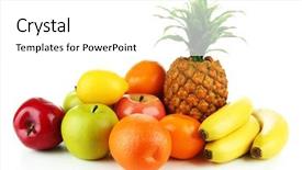  Presentation with fresh fruits salad on white - PPT layouts having oranges apples - tasty fruits isolated on white background and a  colored foreground