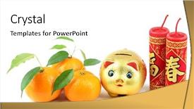  Presentation with chinese new year firecrackers - Amazing slides having oranges piggy bank and firecracker backdrop and a white colored foreground