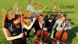  Presentation with play - Slide deck with orchestra - group of violinists play standing background and a gold colored foreground