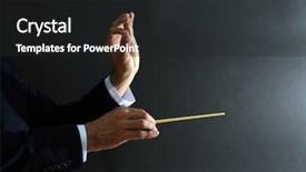  Presentation with orchestra conductor - Colorful PPT layouts enhanced with orchestra - music conductor hands with baton backdrop and a dark gray colored foreground