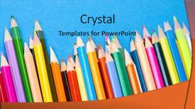  Presentation with abstract dark blue color crayons - Audience pleasing PPT theme consisting of ordeliness - color pencils on blue background backdrop and a  colored foreground