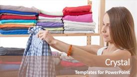  Presentation with clothes - Slides with ordeliness - young caucasian woman standing near background and a coral colored foreground