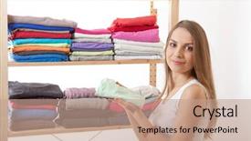  Presentation with clothes - Slides featuring ordeliness - young caucasian woman standing near background and a coral colored foreground