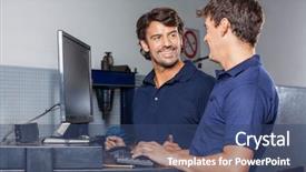  Presentation with mechanic - Presentation theme consisting of order entry - happy male mechanic discussing background and a  colored foreground