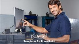  Presentation with computer repair - Theme consisting of order entry - portrait of happy male mechanic background and a ocean colored foreground