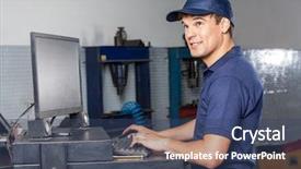  Presentation with computer repair - Amazing presentation design having order entry - thoughtful male mechanic smiling while backdrop and a  colored foreground