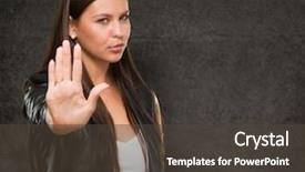  Presentation with weight loss woman showing - PPT theme having order entry - young woman showing stop hand background and a dark gray colored foreground