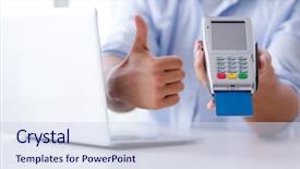  Presentation with card transaction - Colorful presentation design enhanced with e process - man processing credit card transaction backdrop and a sky blue colored foreground