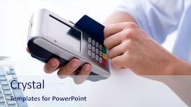  Presentation with card transaction - Presentation theme having e process - man processing credit card transaction background and a  colored foreground