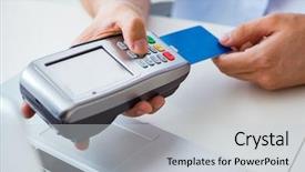  Presentation with card transaction - Cool new PPT theme with e process - man processing credit card transaction backdrop and a  colored foreground