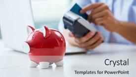  Presentation with card transaction - Presentation featuring e process - man processing credit card transaction background and a sky blue colored foreground