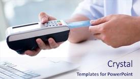 Presentation with card transaction - Presentation theme enhanced with e process - man processing credit card transaction background and a  colored foreground
