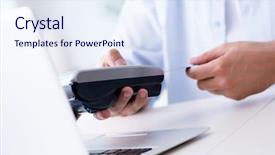  Presentation with card transaction - PPT layouts enhanced with e process - man processing credit card transaction background and a  colored foreground