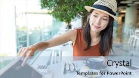  Presentation with restaurant - Presentation design with ordering on tablet in restaurant background and a light blue colored foreground