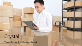  Presentation with logistics warehouse - Beautiful theme featuring orders at logistics company warehouse backdrop and a coral colored foreground